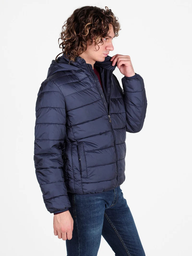 Piumino da uomo con cappuccio e zip - blu scuro