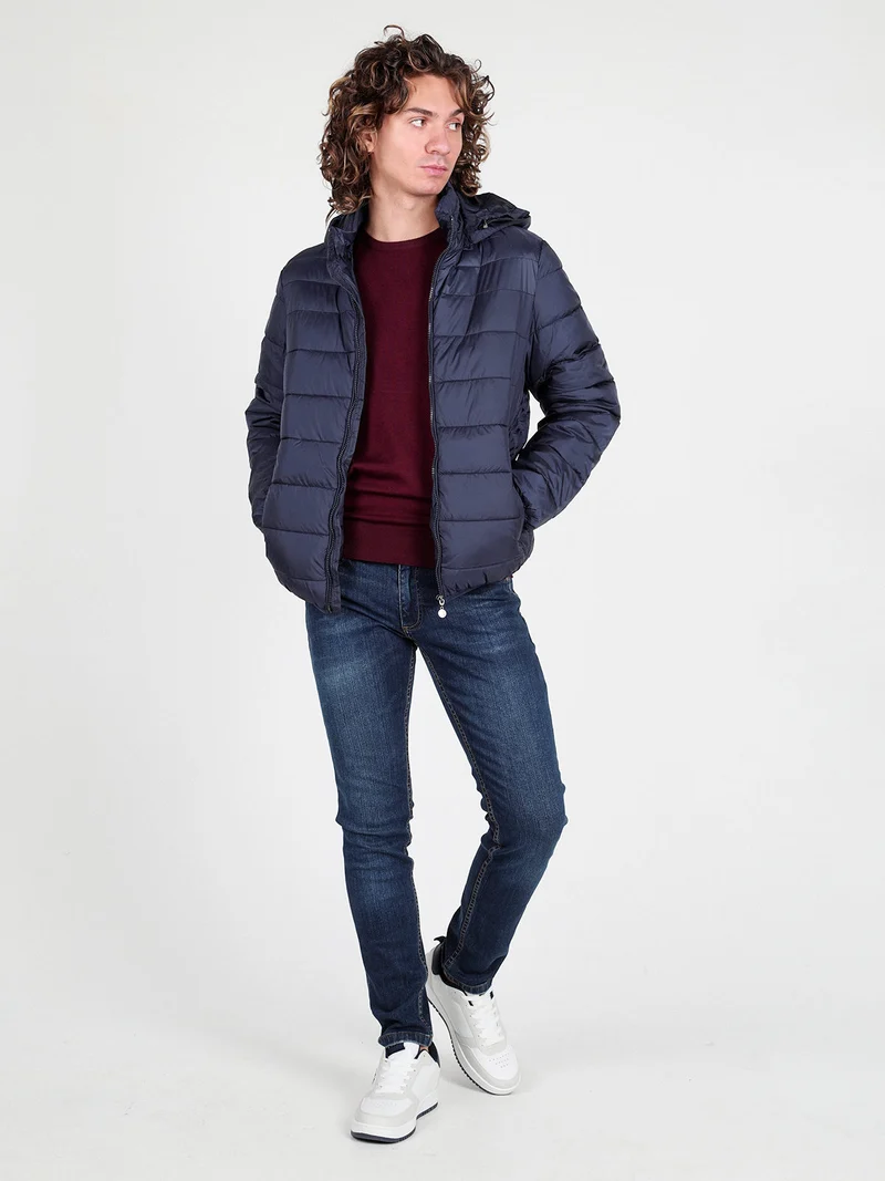 Piumino da uomo con cappuccio e zip - blu scuro