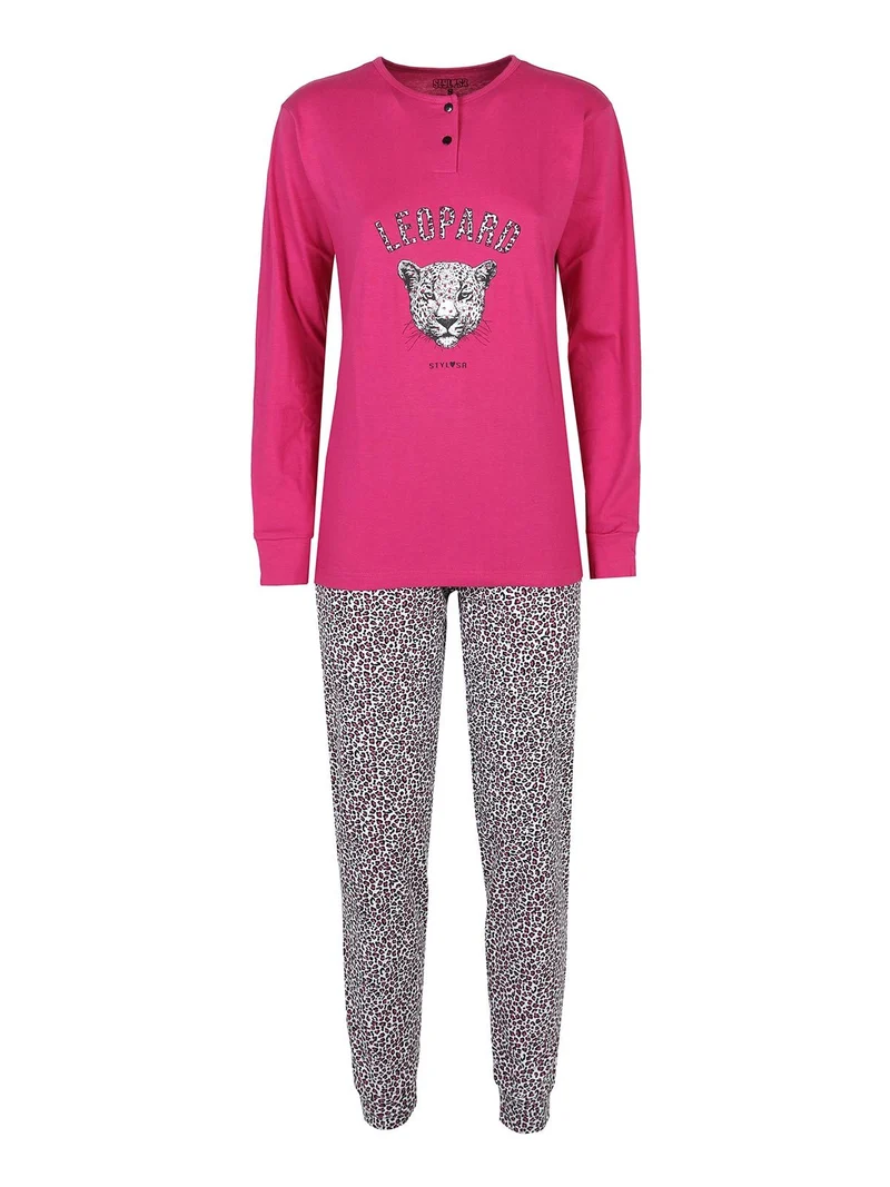 Pigiama lungo donna con pantaloni leopardati - fucsia