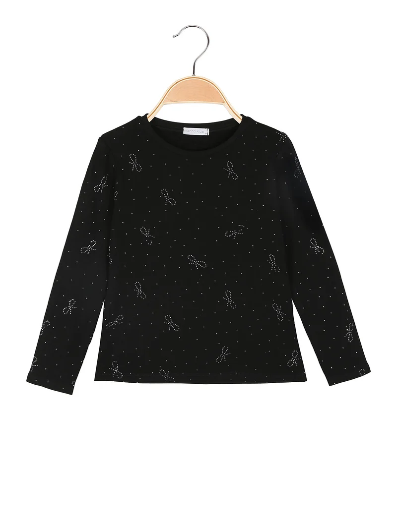 T-shirt da bambina a maniche lunghe con borchie - nero