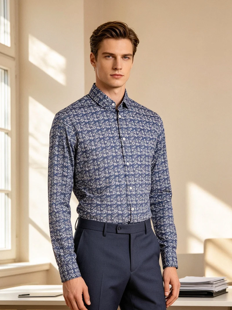 Camicia uomo fiorata a maniche lunghe semi slim fit - blu