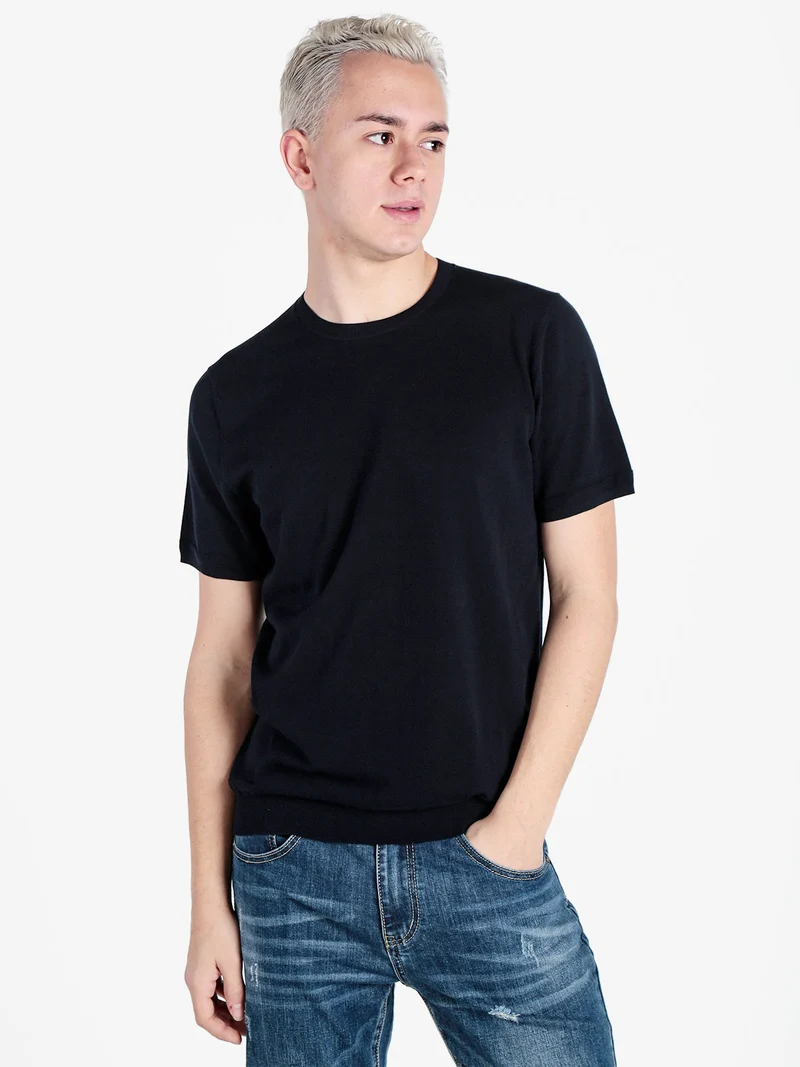 T-shirt girocollo da uomo in maglia - blu scuro