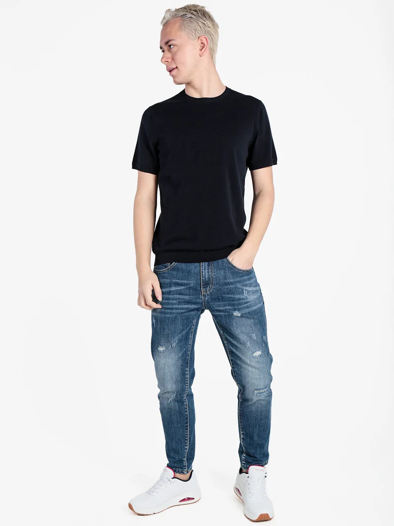 T-shirt girocollo da uomo in maglia - blu scuro