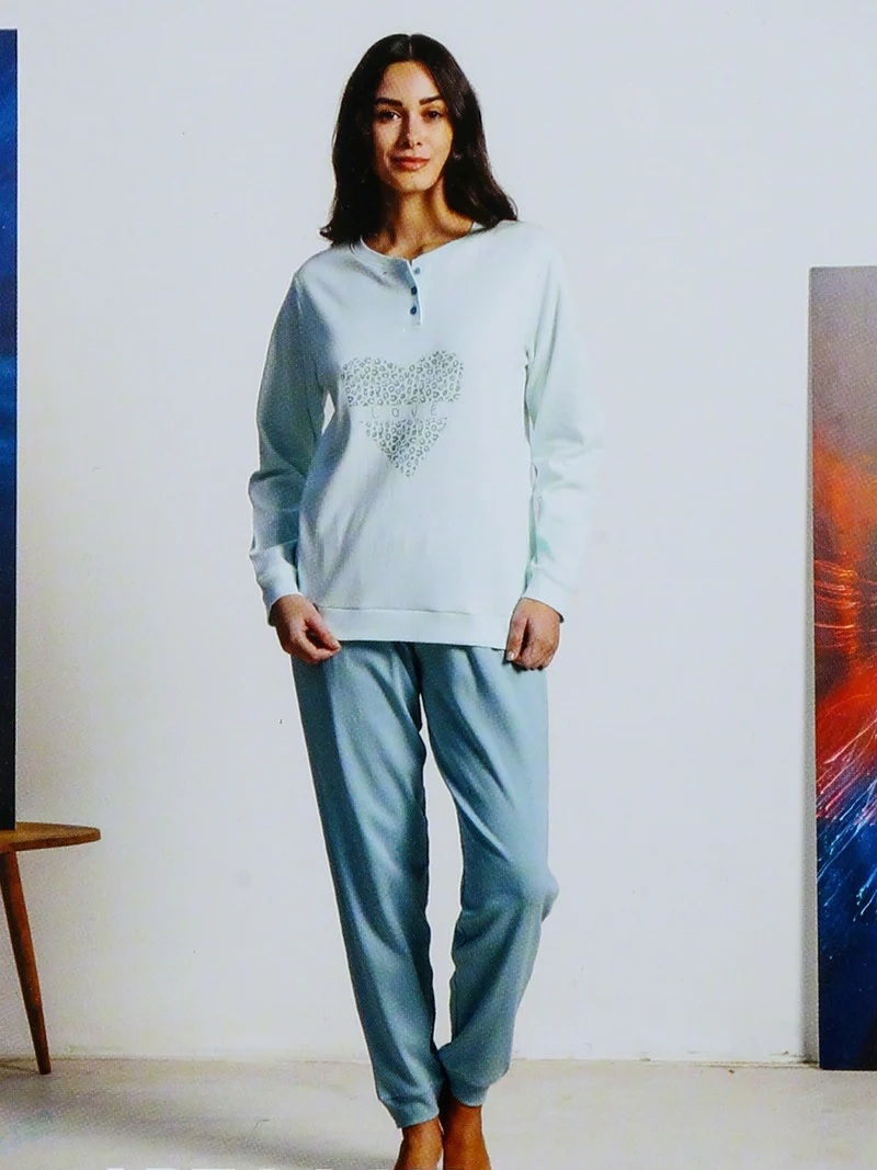Pigiama lungo da donna in cotone interlock - acqua marina