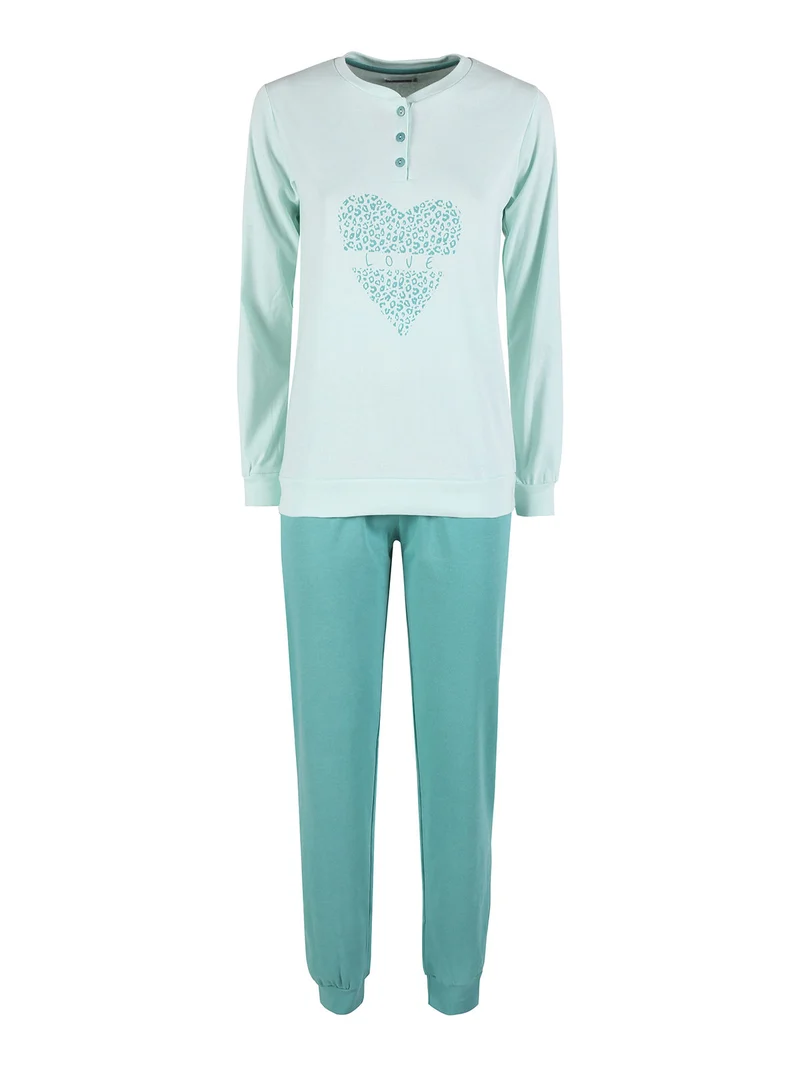 Pigiama lungo da donna in cotone interlock - acqua marina