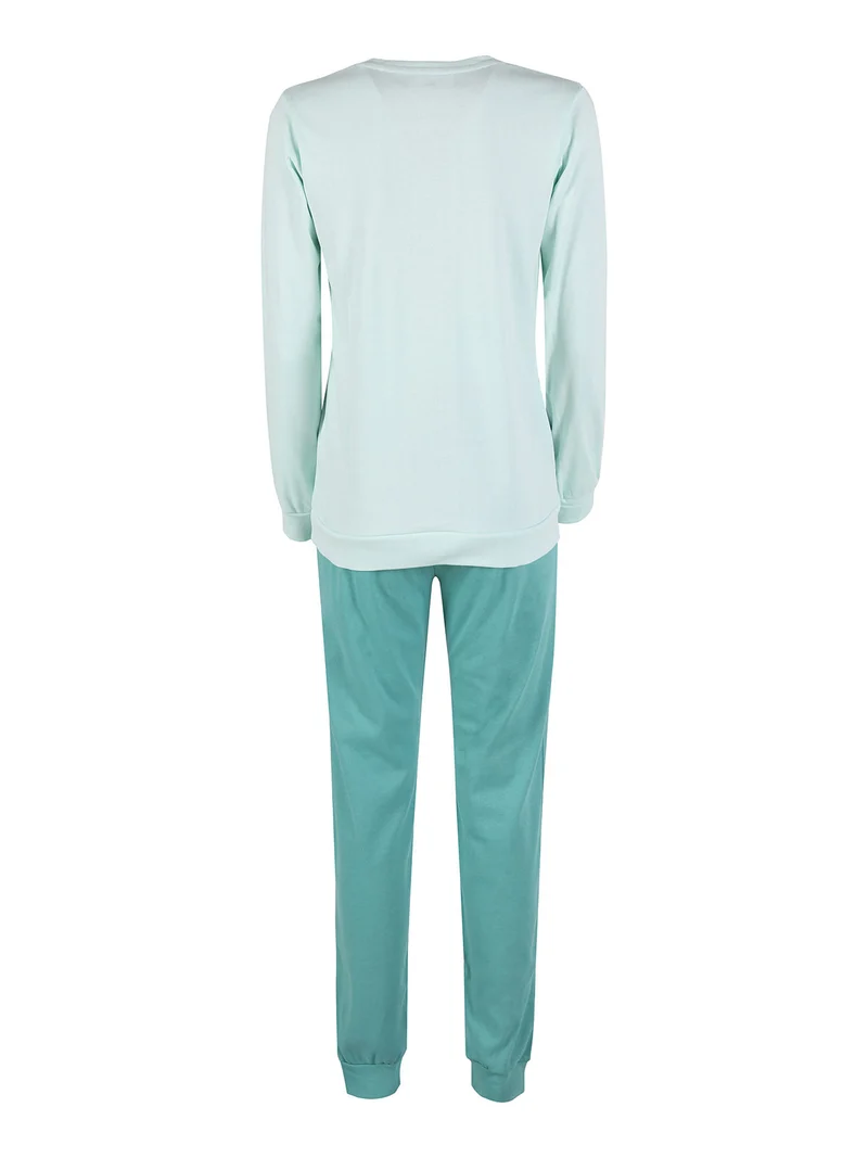 Pigiama lungo da donna in cotone interlock - acqua marina