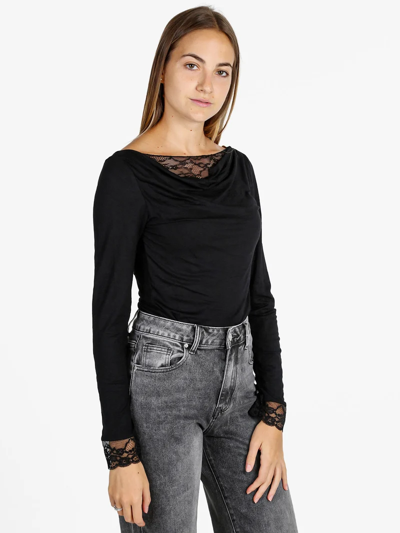 T-shirt donna a maniche lunghe con doppio scollo e dettagli in pizzo - nero