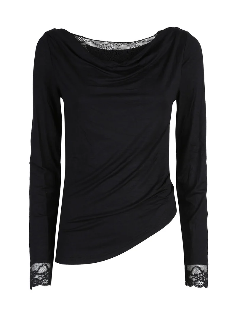 T-shirt donna a maniche lunghe con doppio scollo e dettagli in pizzo - nero