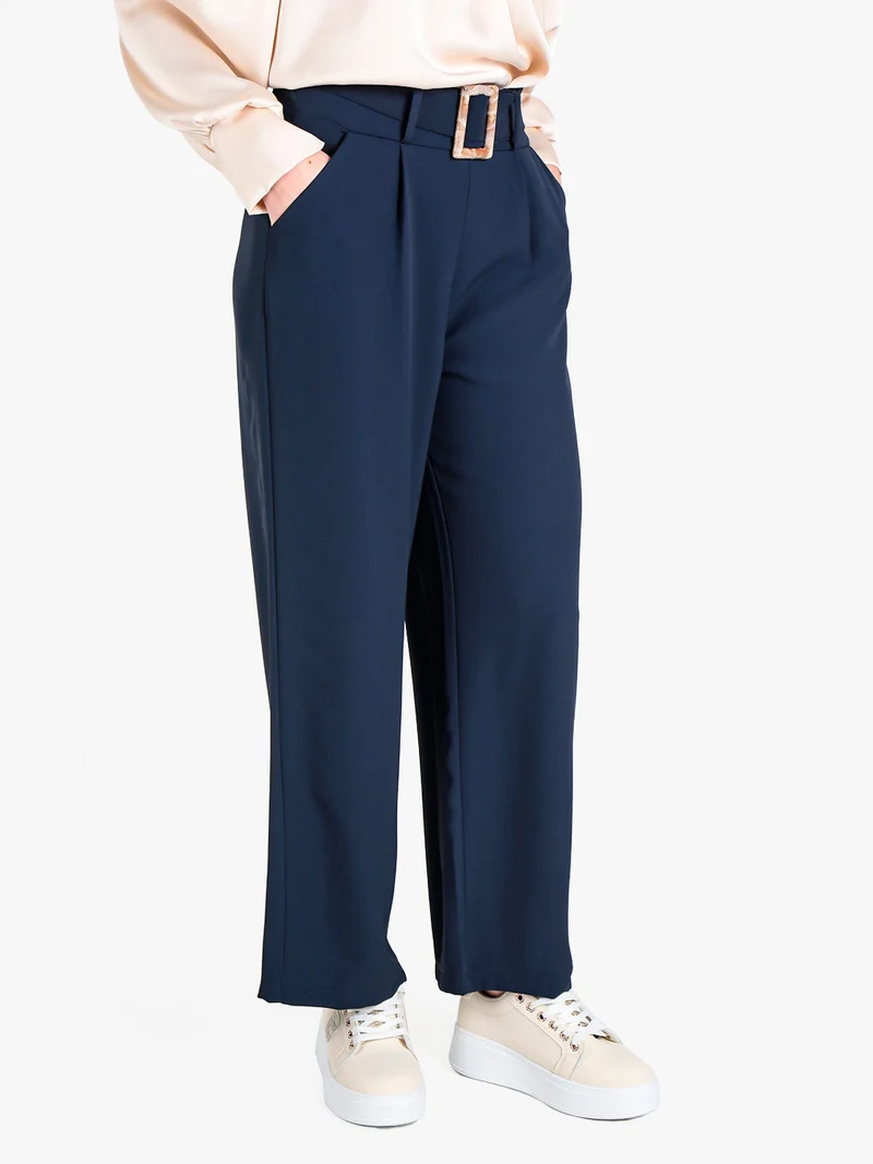 Pantaloni donna a palazzo con cintura - blu scuro