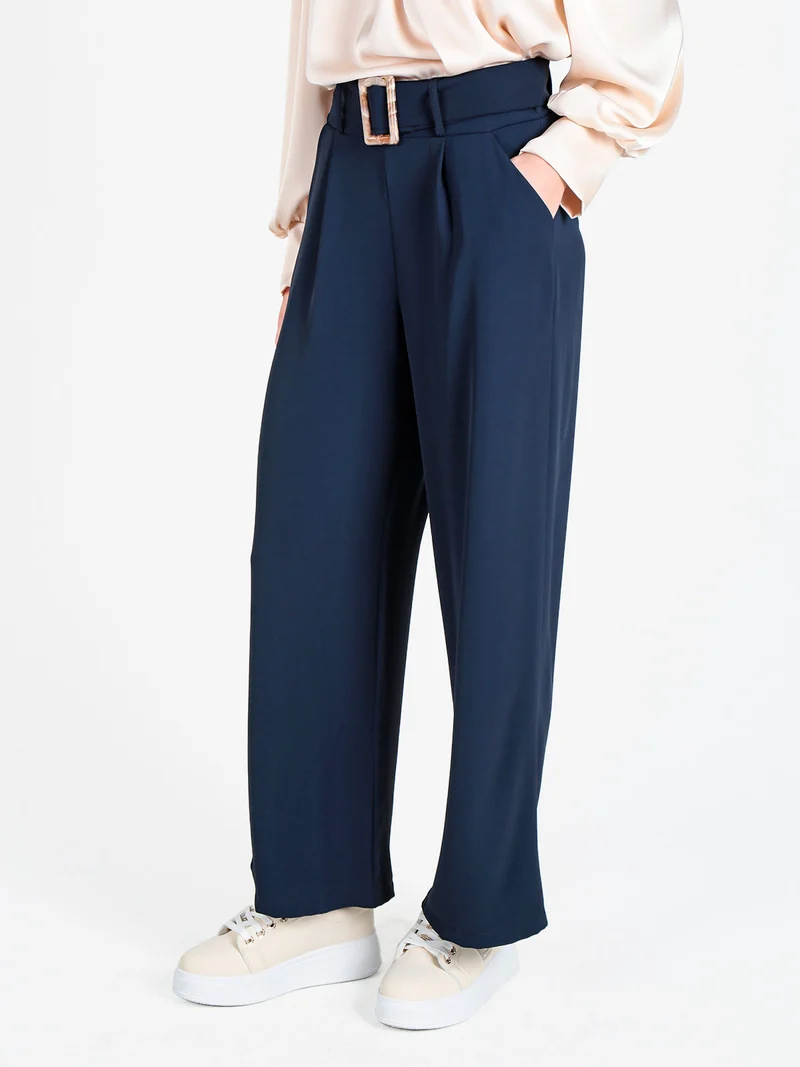 Pantaloni donna a palazzo con cintura - blu scuro