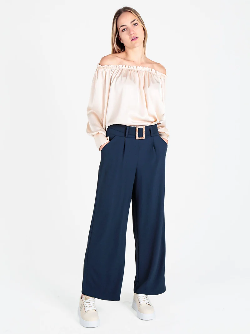 Pantaloni donna a palazzo con cintura - blu scuro