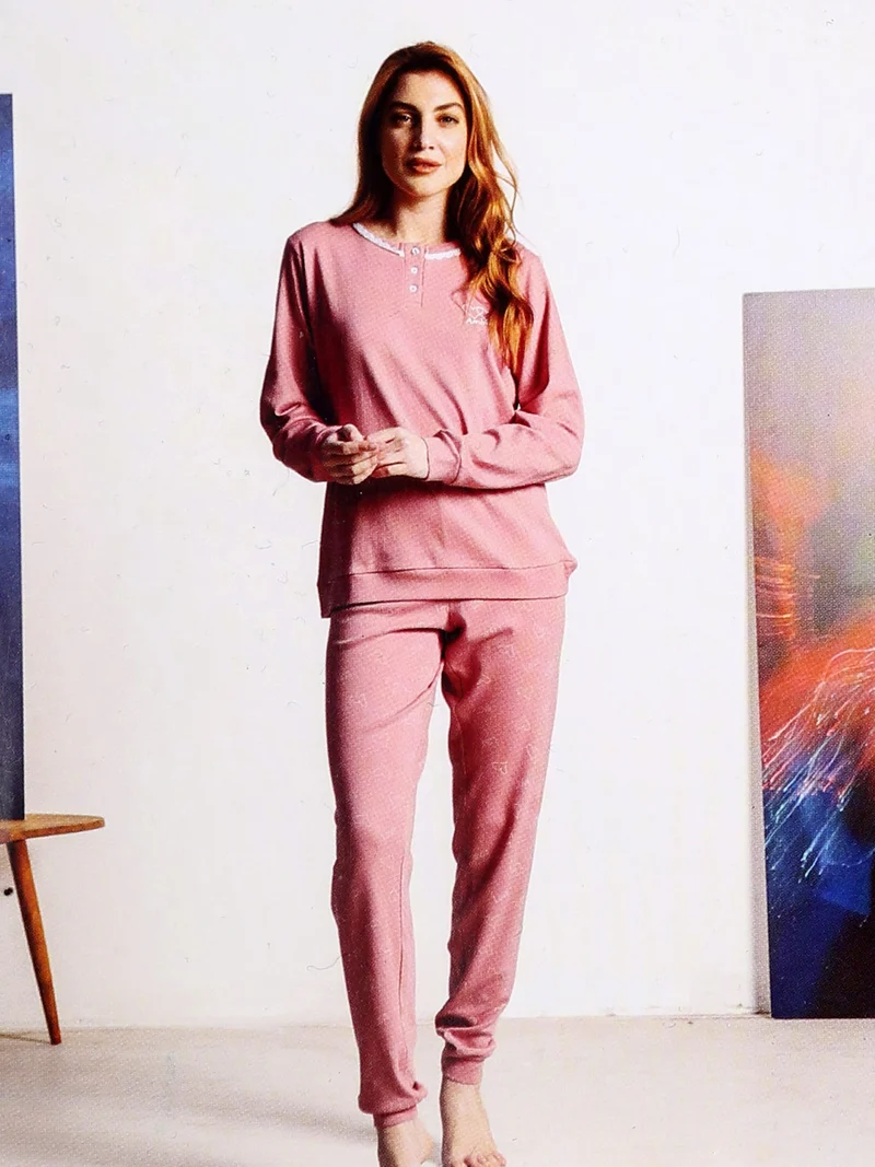 Pigiama lungo da donna in misto cotone interlock con ricamo - rosa