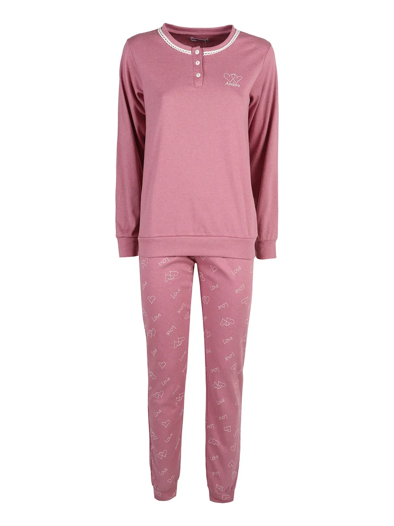 Pigiama lungo da donna in misto cotone interlock con ricamo - rosa