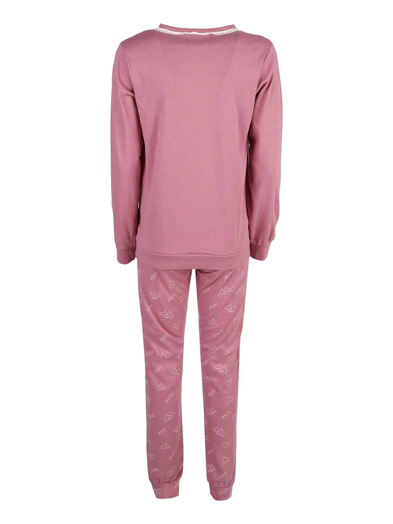 Pigiama lungo da donna in misto cotone interlock con ricamo - rosa