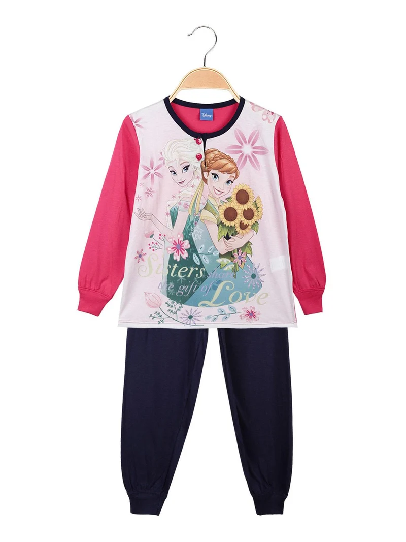Pigiama lungo da bambina in cotone Elsa e Anna - fucsia