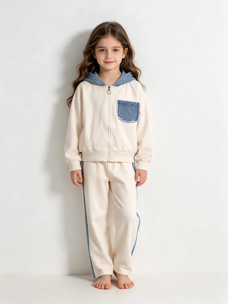 Completo 2 pezzi da bambina a gamba larga con cappuccio in jeans e zip - panna