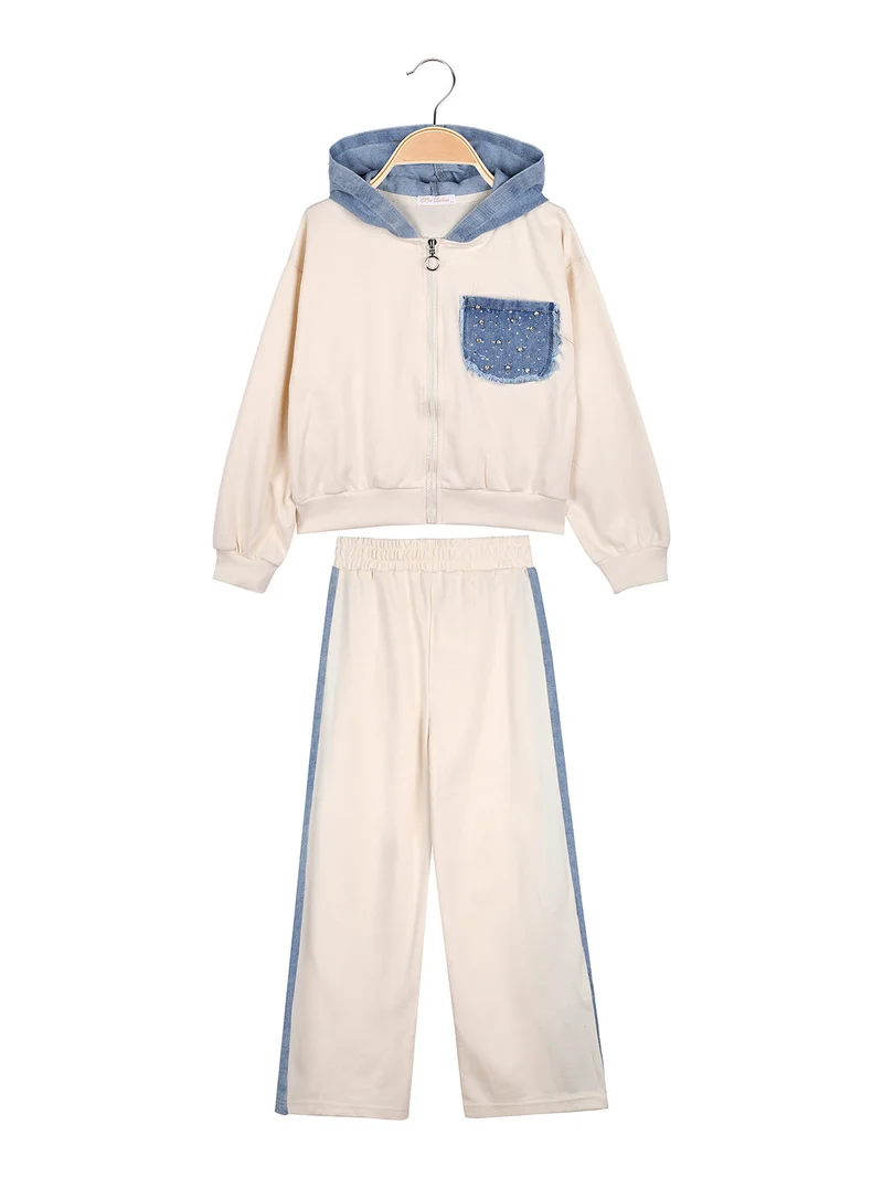Completo 2 pezzi da bambina a gamba larga con cappuccio in jeans e zip - panna