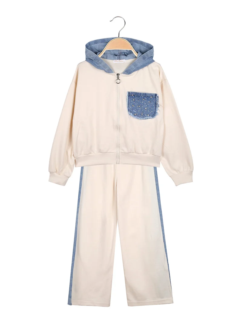 Completo 2 pezzi da bambina a gamba larga con cappuccio in jeans e zip - panna