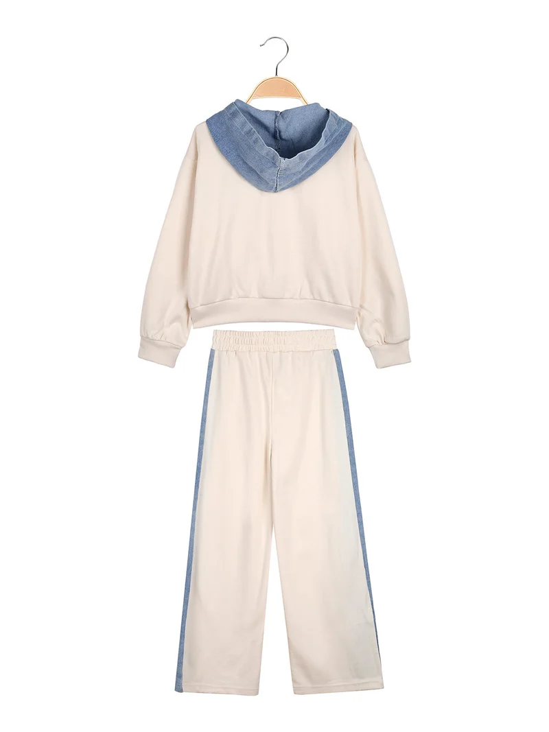 Completo 2 pezzi da bambina a gamba larga con cappuccio in jeans e zip - panna