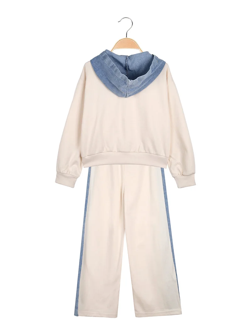 Completo 2 pezzi da bambina a gamba larga con cappuccio in jeans e zip - panna