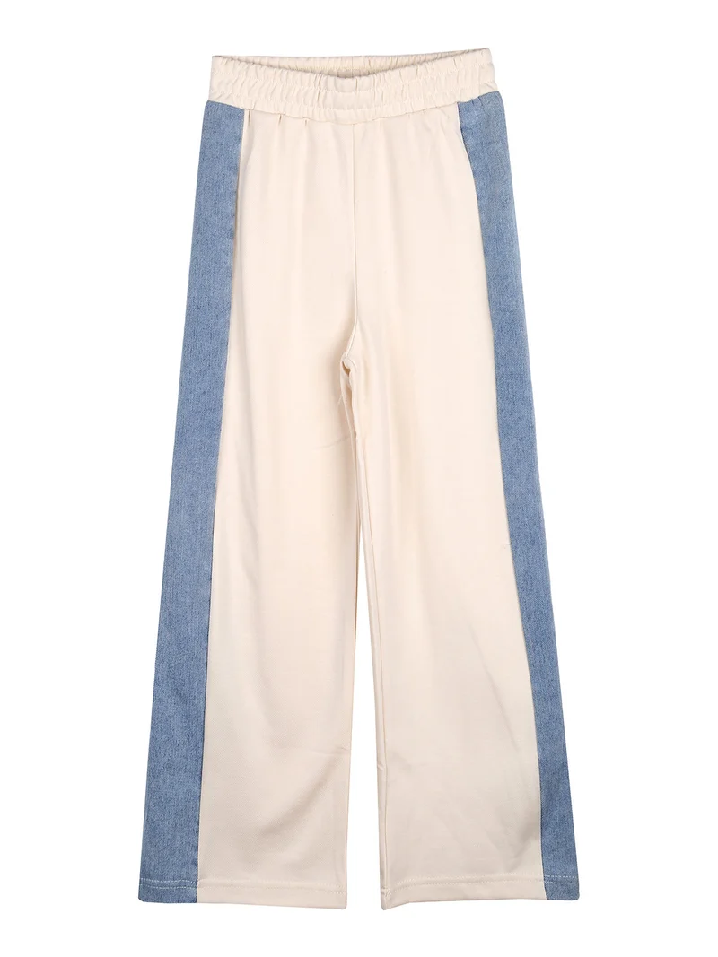 Completo 2 pezzi da bambina a gamba larga con cappuccio in jeans e zip - panna