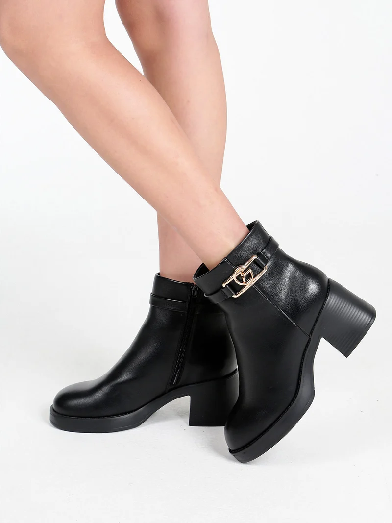 Stivaletti donna con tacco largo e zip - nero