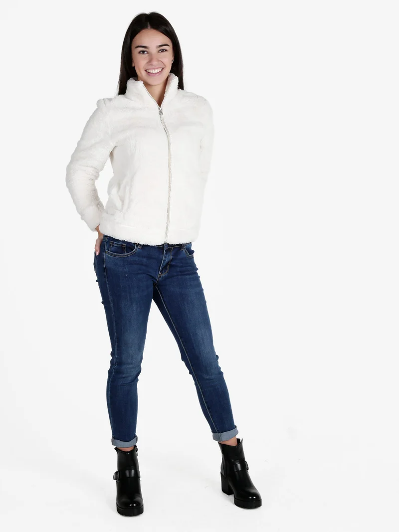 Giacca donna in ecopelliccia con zip - bianco