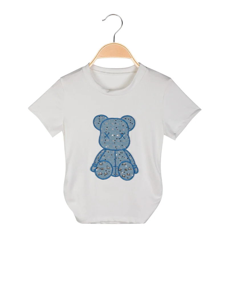 T-shirt da bambina a costine con orsacchiotto in jeans - bianco