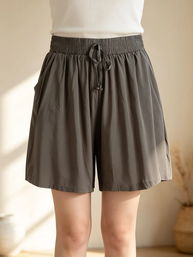 Shorts donna in cotone a vita alta a gamba larga - militare