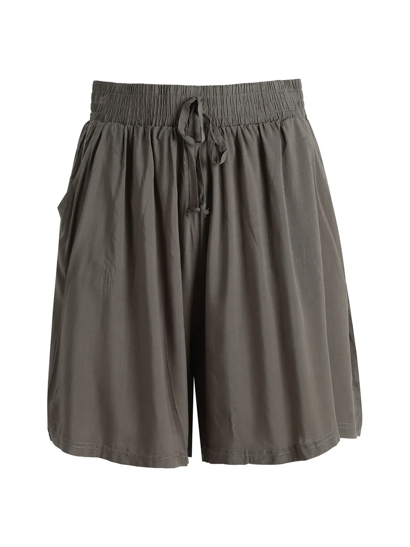 Shorts donna in cotone a vita alta a gamba larga - militare