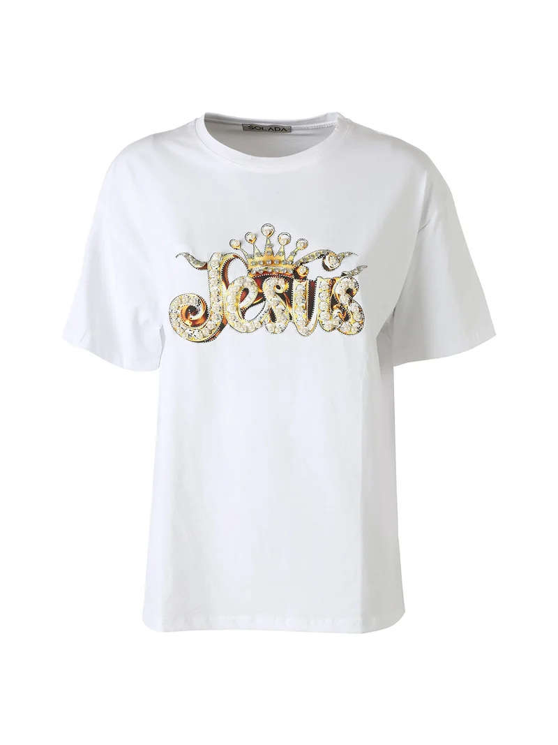 T-shirt donna oversize in cotone con dettagli di perle e strass - bianco