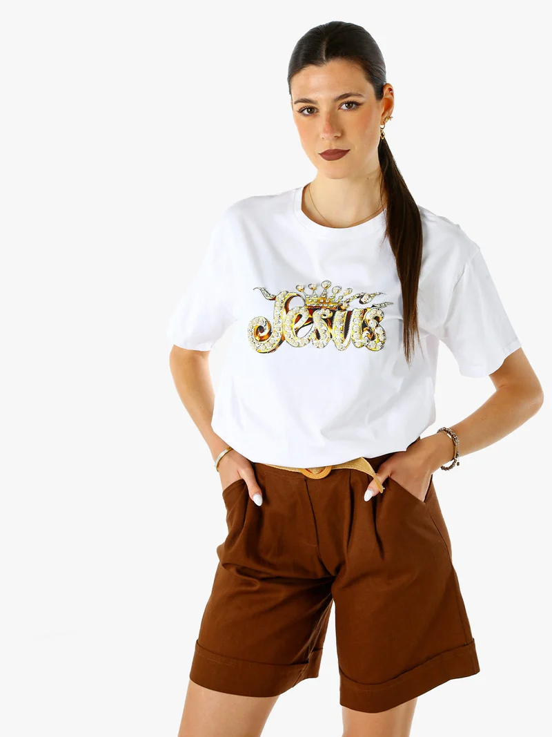 T-shirt donna oversize in cotone con dettagli di perle e strass - bianco