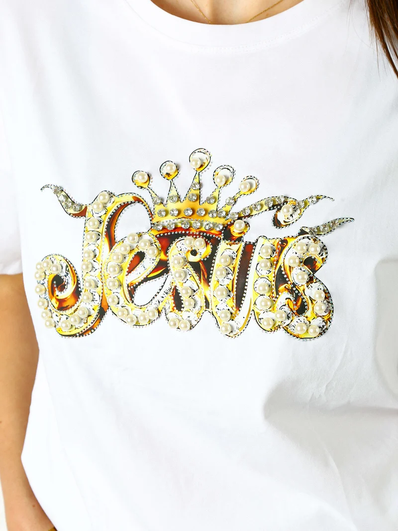 T-shirt donna oversize in cotone con dettagli di perle e strass - bianco