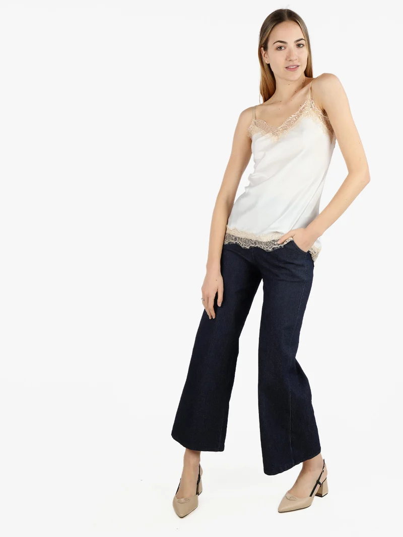 Top donna effetto raso con pizzo - bianco