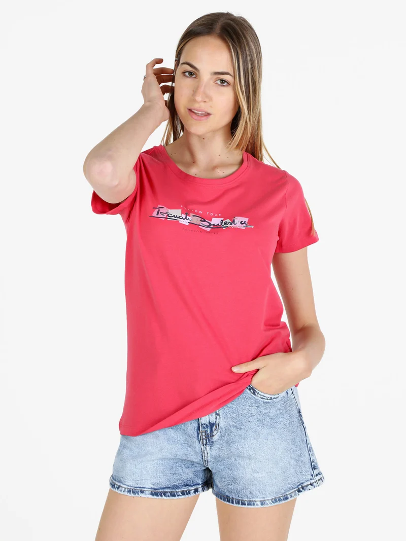 T-shirt donna in cotone bielastico con scritta e strass - anguria