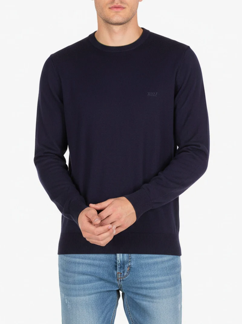 Pullover girocollo da uomo in maglia misto lana - blu scuro