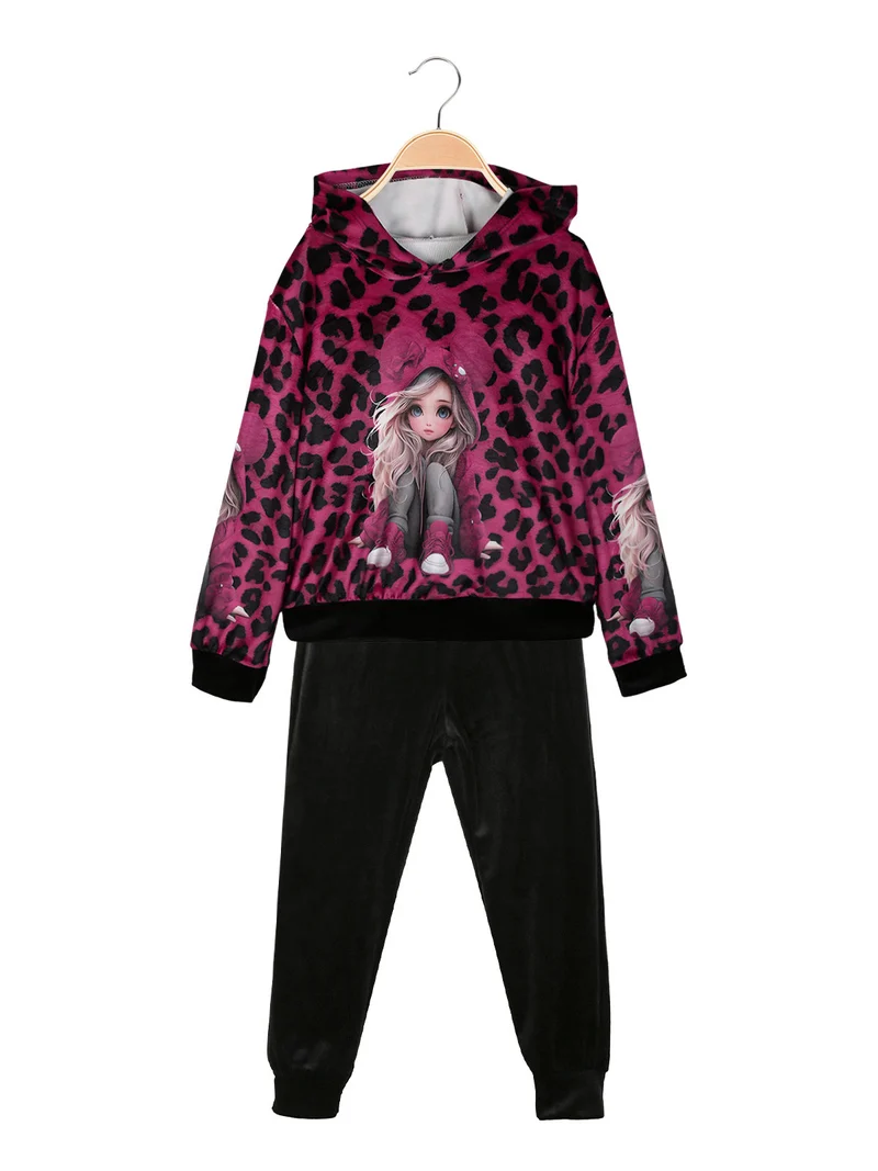 Completo animalier da bambina 2 pezzi con cappuccio - fucsia