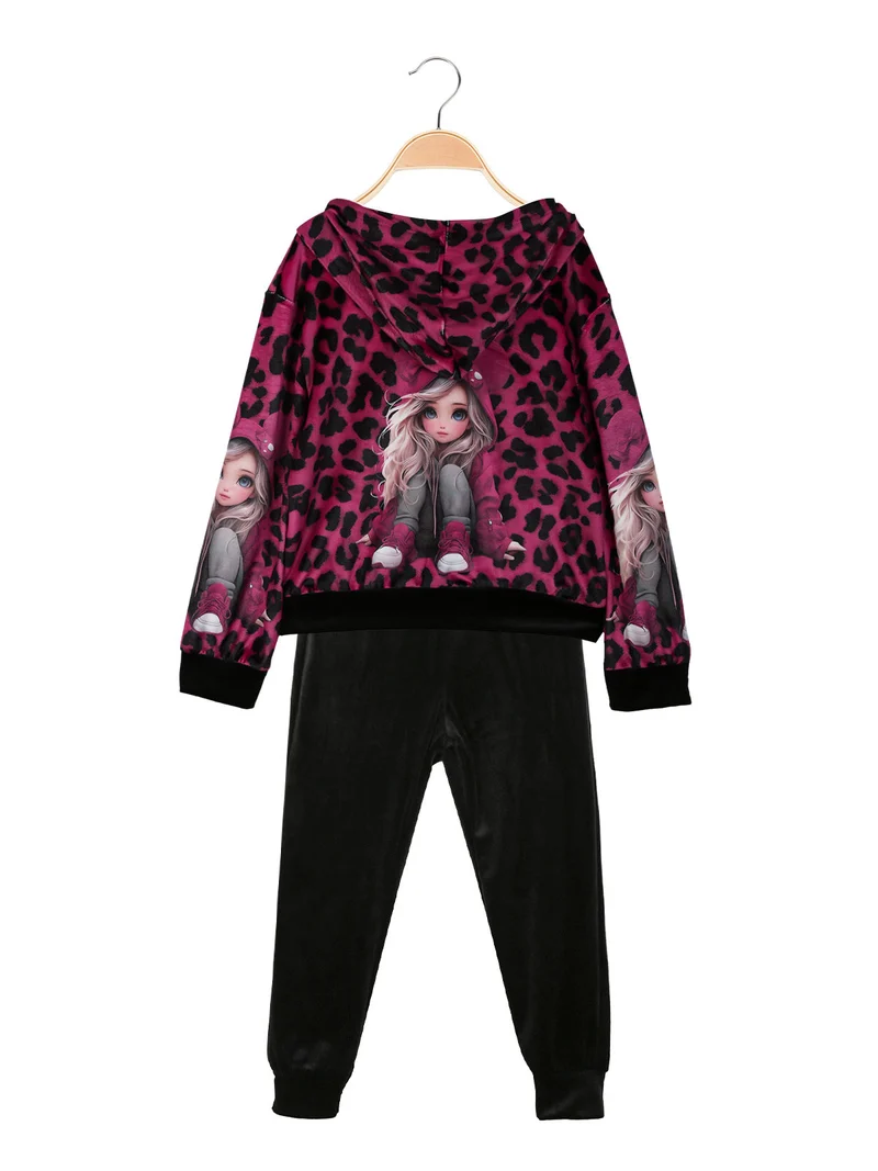 Completo animalier da bambina 2 pezzi con cappuccio - fucsia