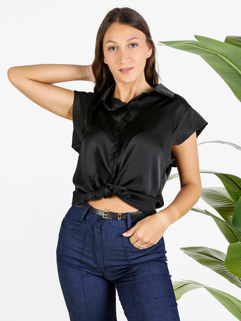 Camicia donna senza maniche effetto raso - nero