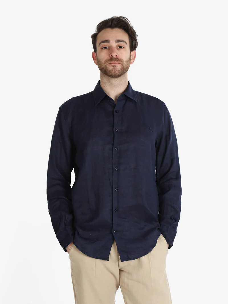 Camicia in lino da uomo a maniche lunghe - blu scuro