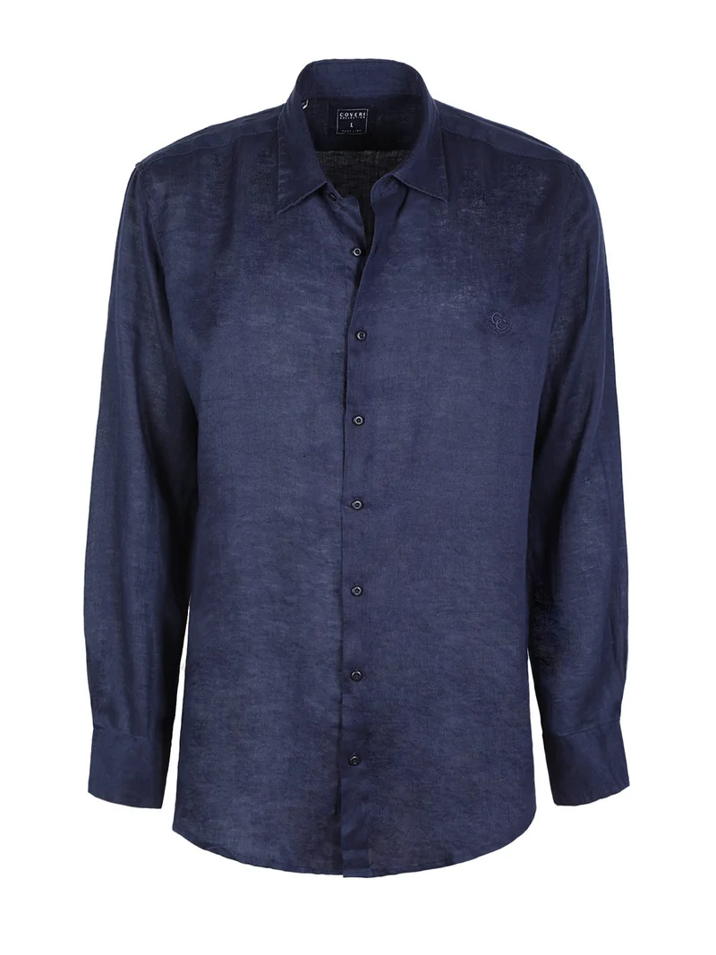 Camicia in lino da uomo a maniche lunghe - blu scuro