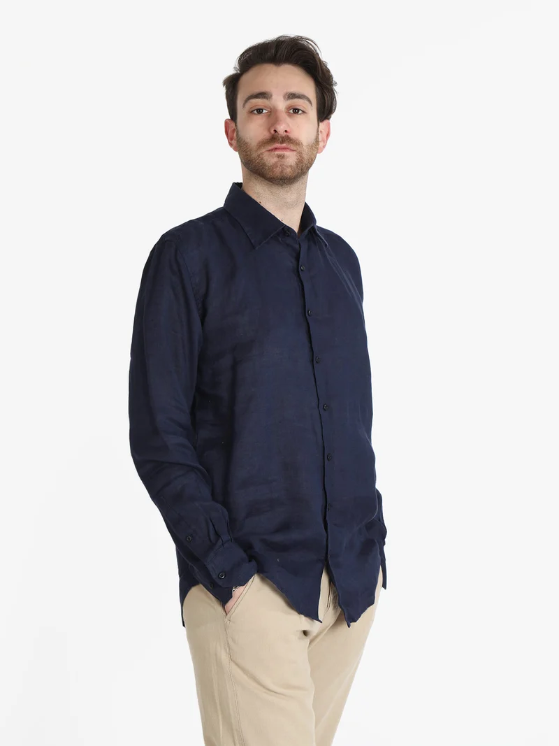 Camicia in lino da uomo a maniche lunghe - blu scuro