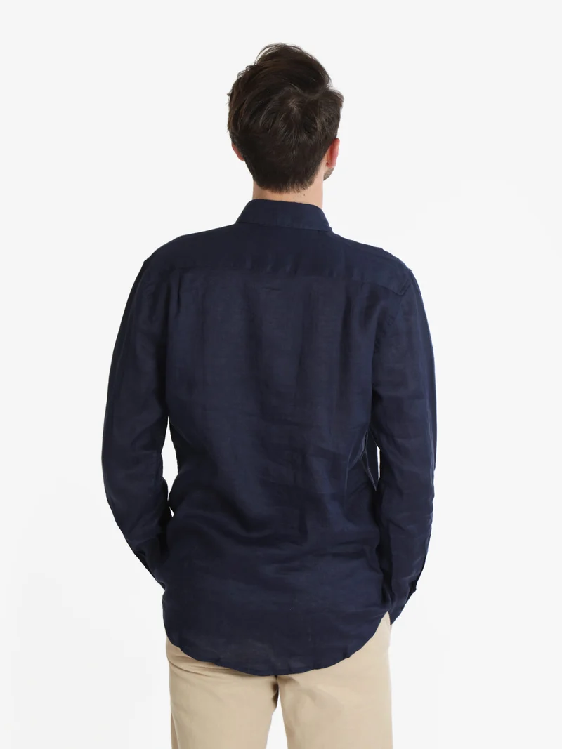 Camicia in lino da uomo a maniche lunghe - blu scuro