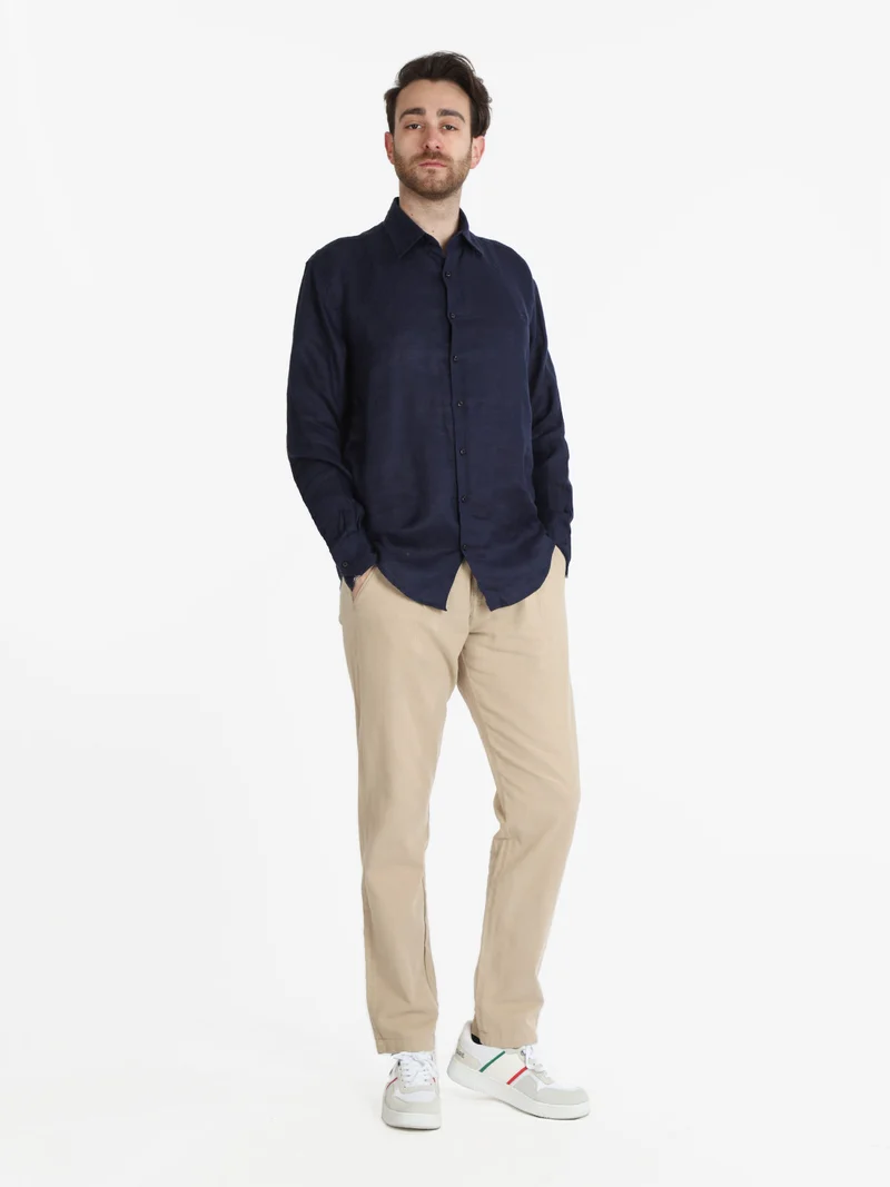 Camicia in lino da uomo a maniche lunghe - blu scuro