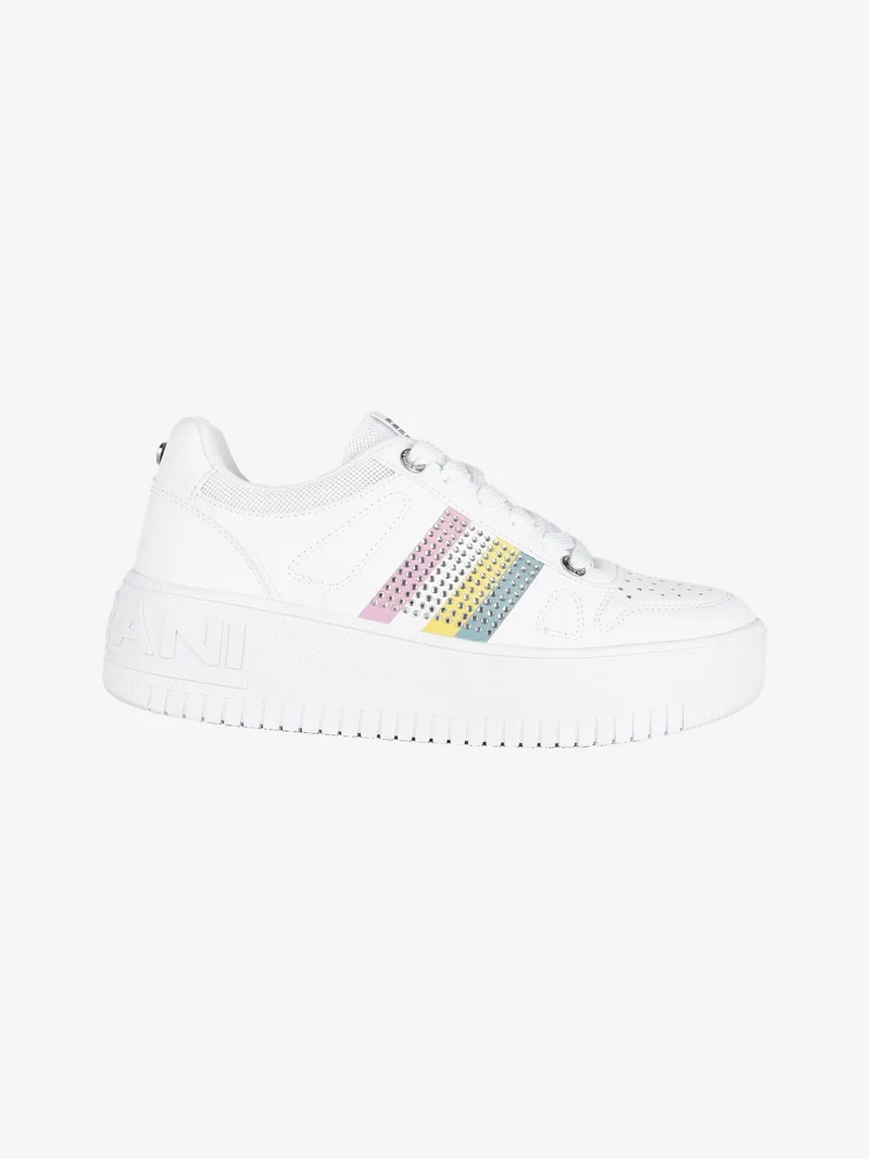 Sneakers basse donna con platform e strass - bianco
