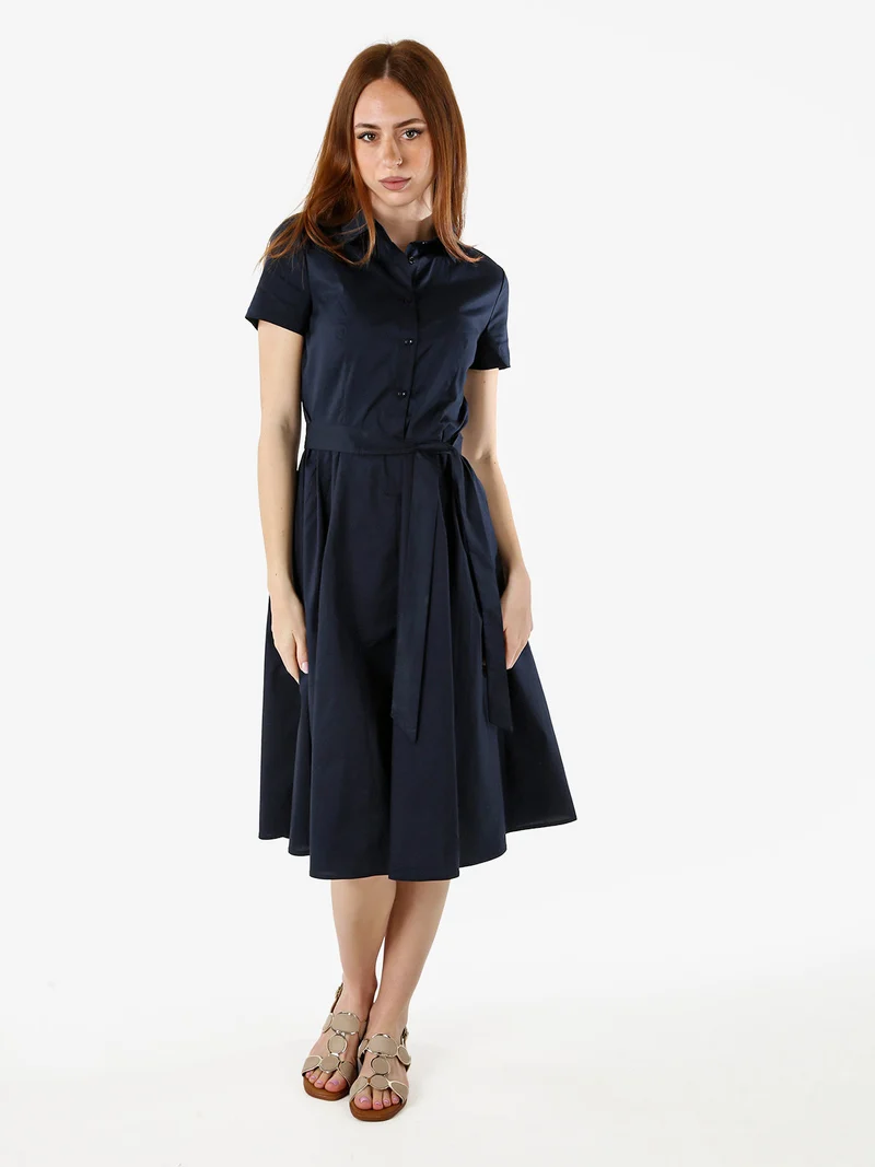 Abito donna in cotone a maniche corte con bottoni sullo scollo - blu scuro