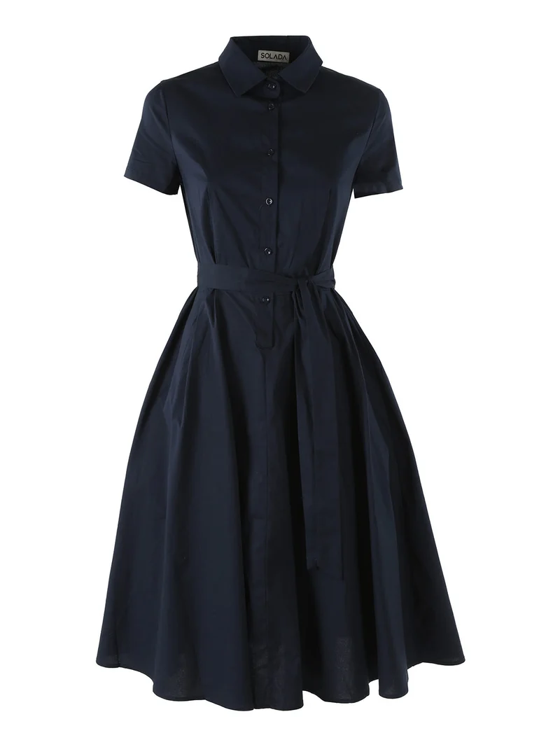 Abito donna in cotone a maniche corte con bottoni sullo scollo - blu scuro
