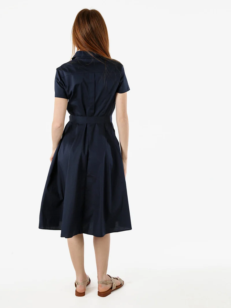 Abito donna in cotone a maniche corte con bottoni sullo scollo - blu scuro
