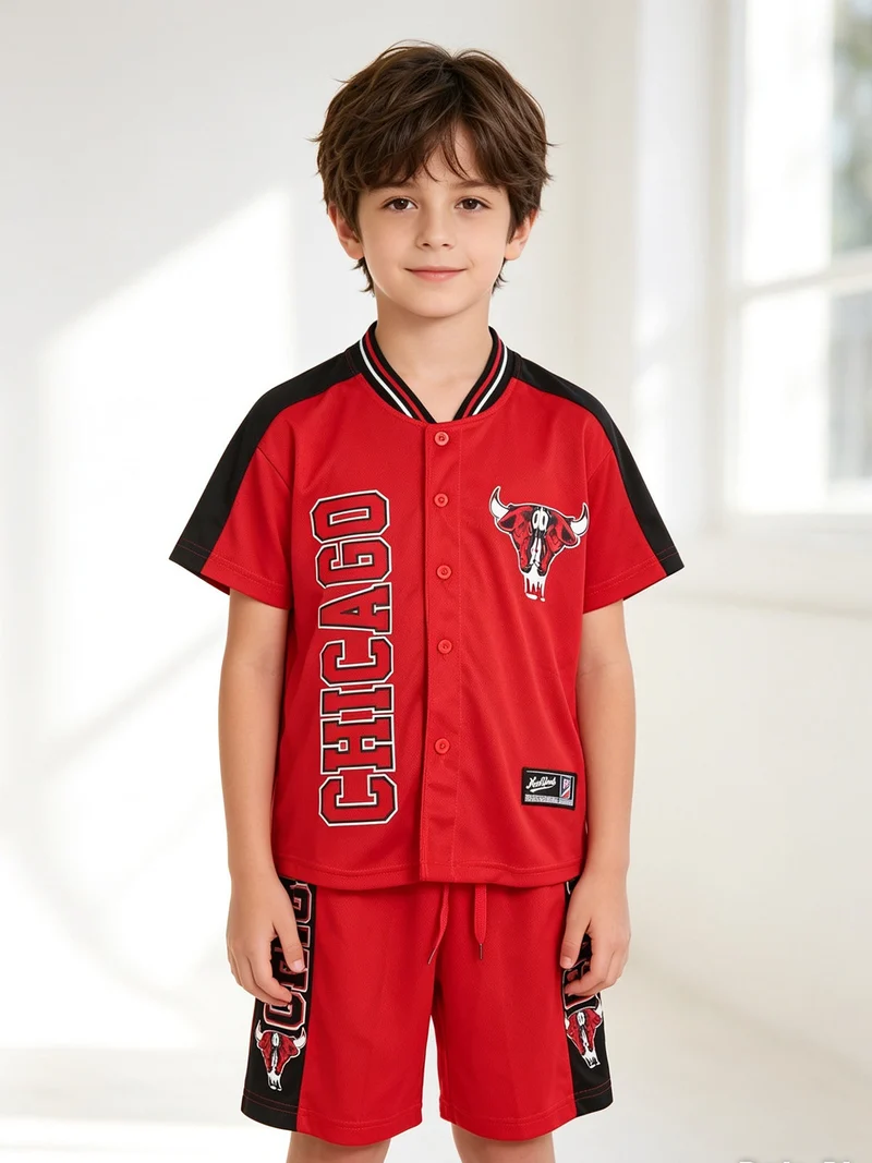 Completo da bambino sportivo con t-shirt con bottoni e bermuda - rosso