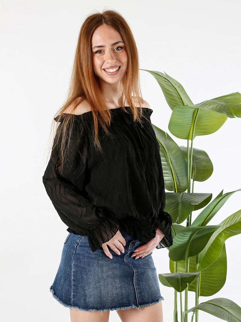 Blusa donna a maniche lunghe con scollo a barchetta - nero